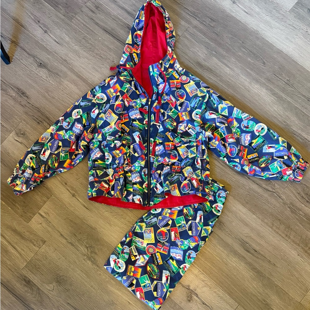 VTG 90s Track Suit Jacket Pants Sz SM/MED Post Card Travel All-Over Print Hooded